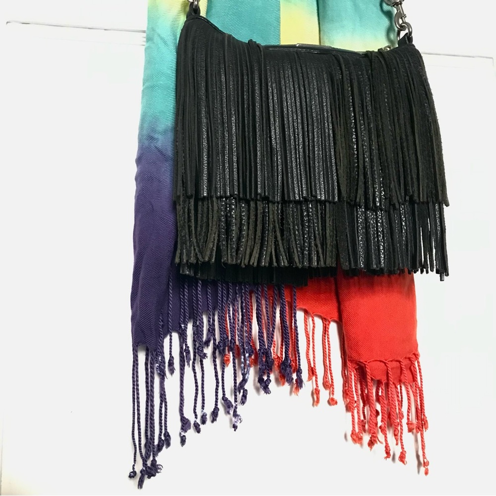 Rebecca Minkoff Purse Finn Black Leather Suede Fringe Clutch Crossbody Bag - Picture 10 of 10